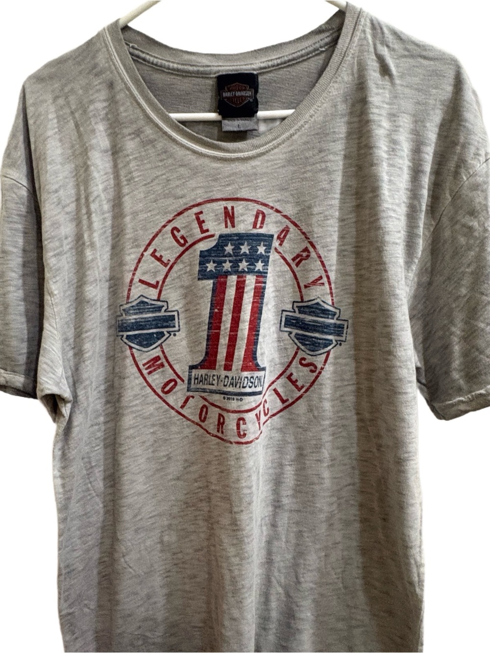 Men's Harley-Davidson Gray Tee with Red and Blue 'Legendary Motorcycles' Graphic